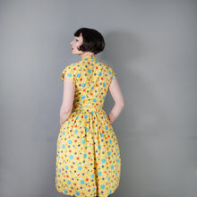Load image into Gallery viewer, 40s BRIGHT YELLOW NOVELTY BUTTON PRINT SHIRT WAIST DAY DRESS - S