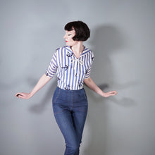 Load image into Gallery viewer, 50s BLUE WHITE STRIPED ANCHOR PRINT TIE NECK SAILOR SHIRT TOP - XS-S