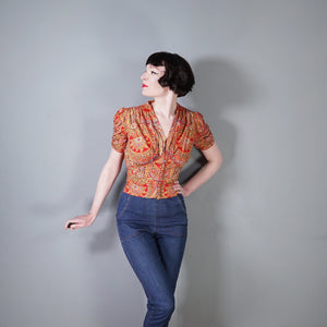 40s 50s RED PRINTED COTTON SUN BLOUSE WITH PUFF SLEEVE - S-M