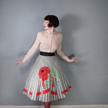 Load image into Gallery viewer, 50s MARGARET DREW ROSE AND RIBBON PRINT GREY FULL SKIRT - 26.5"