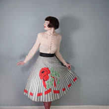 Load image into Gallery viewer, 50s MARGARET DREW ROSE AND RIBBON PRINT GREY FULL SKIRT - 26.5"