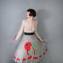 Load image into Gallery viewer, 50s MARGARET DREW ROSE AND RIBBON PRINT GREY FULL SKIRT - 26.5"