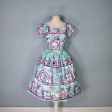 Load image into Gallery viewer, 50s PURPLE PINK ANG TURQUOISE SCENIC EUROPEAN SNAPSHOTS NOVELTY DRESS - M