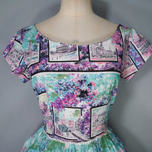 Load image into Gallery viewer, 50s PURPLE PINK ANG TURQUOISE SCENIC EUROPEAN SNAPSHOTS NOVELTY DRESS - M