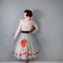 Load image into Gallery viewer, 50s MARGARET DREW ROSE AND RIBBON PRINT GREY FULL SKIRT - 26.5"