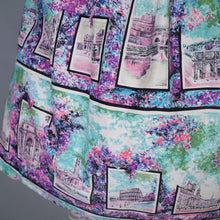 Load image into Gallery viewer, 50s PURPLE PINK ANG TURQUOISE SCENIC EUROPEAN SNAPSHOTS NOVELTY DRESS - M