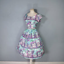 Load image into Gallery viewer, 50s PURPLE PINK ANG TURQUOISE SCENIC EUROPEAN SNAPSHOTS NOVELTY DRESS - M