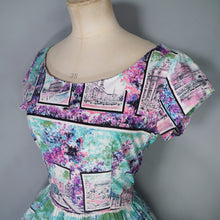 Load image into Gallery viewer, 50s PURPLE PINK ANG TURQUOISE SCENIC EUROPEAN SNAPSHOTS NOVELTY DRESS - M