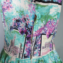 Load image into Gallery viewer, 50s PURPLE PINK ANG TURQUOISE SCENIC EUROPEAN SNAPSHOTS NOVELTY DRESS - M
