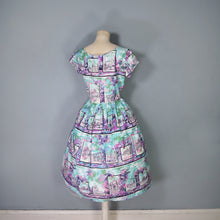 Load image into Gallery viewer, 50s PURPLE PINK ANG TURQUOISE SCENIC EUROPEAN SNAPSHOTS NOVELTY DRESS - M