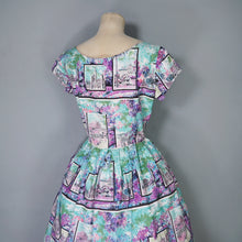 Load image into Gallery viewer, 50s PURPLE PINK ANG TURQUOISE SCENIC EUROPEAN SNAPSHOTS NOVELTY DRESS - M