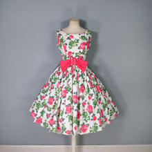 Load image into Gallery viewer, 50s 60s CARNEGIE PINK ROSE PRINT FULL SKIRTED DRESS WITH BOW - XS-S