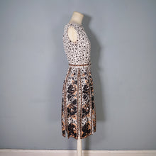 Load image into Gallery viewer, 60s BLANES CREAM BLACK AND BRONZE GOLD COCKTAIL DRESS WITH FRINGE PANEL SKIRT - XS / petite fit