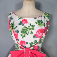 Load image into Gallery viewer, 50s 60s CARNEGIE PINK ROSE PRINT FULL SKIRTED DRESS WITH BOW - XS-S