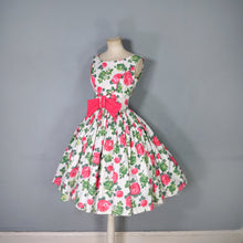 Load image into Gallery viewer, 50s 60s CARNEGIE PINK ROSE PRINT FULL SKIRTED DRESS WITH BOW - XS-S
