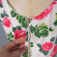 Load image into Gallery viewer, 50s 60s CARNEGIE PINK ROSE PRINT FULL SKIRTED DRESS WITH BOW - XS-S