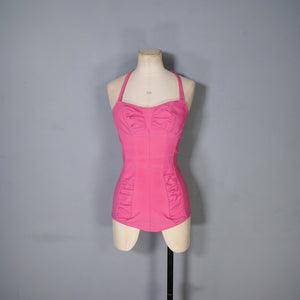 50s 60s "BRETTLES" CANDY PINK RUCHED SWIMSUIT - XS-S