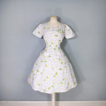 Load image into Gallery viewer, 50s CITRUS LIME NOVELTY PRINT FIT AND FLARE GREY COTTON DRESS - S