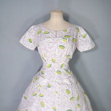 Load image into Gallery viewer, 50s CITRUS LIME NOVELTY PRINT FIT AND FLARE GREY COTTON DRESS - S