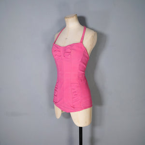 50s 60s "BRETTLES" CANDY PINK RUCHED SWIMSUIT - XS-S
