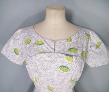 Load image into Gallery viewer, 50s CITRUS LIME NOVELTY PRINT FIT AND FLARE GREY COTTON DRESS - S