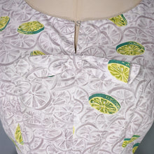Load image into Gallery viewer, 50s CITRUS LIME NOVELTY PRINT FIT AND FLARE GREY COTTON DRESS - S