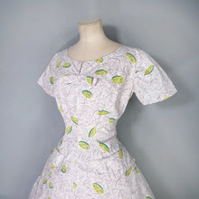 Load image into Gallery viewer, 50s CITRUS LIME NOVELTY PRINT FIT AND FLARE GREY COTTON DRESS - S