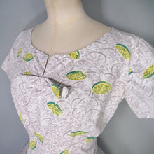 Load image into Gallery viewer, 50s CITRUS LIME NOVELTY PRINT FIT AND FLARE GREY COTTON DRESS - S