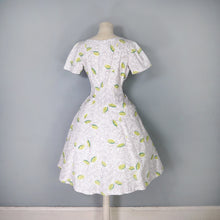 Load image into Gallery viewer, 50s CITRUS LIME NOVELTY PRINT FIT AND FLARE GREY COTTON DRESS - S