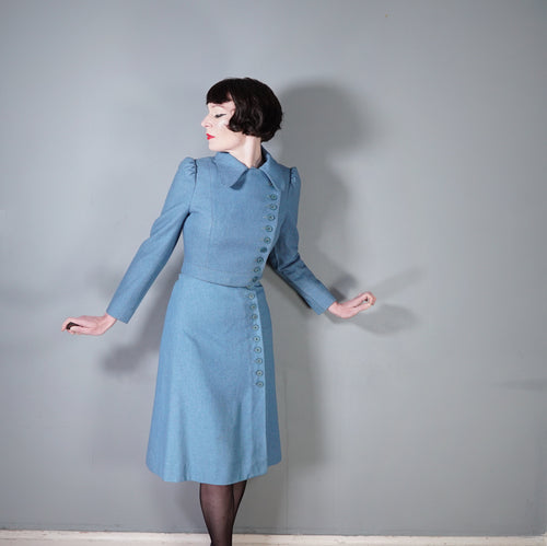 60s ART DECO WALLIS SOFT BLUE SKIRT SUIT WITH LOTS OF BUTTONS - XS-S