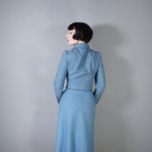 60s ART DECO WALLIS SOFT BLUE SKIRT SUIT WITH LOTS OF BUTTONS - XS-S