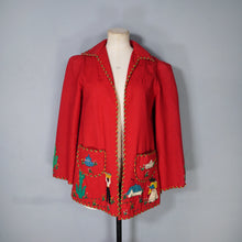 Load image into Gallery viewer, 50s RED WOOL MEXICAN EMBROIDERED TOURIST JACKET WITH PUFF SLEEVE - S