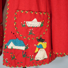 Load image into Gallery viewer, 50s RED WOOL MEXICAN EMBROIDERED TOURIST JACKET WITH PUFF SLEEVE - S