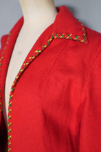 Load image into Gallery viewer, 50s RED WOOL MEXICAN EMBROIDERED TOURIST JACKET WITH PUFF SLEEVE - S
