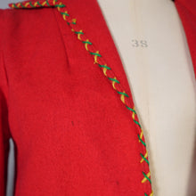 Load image into Gallery viewer, 50s RED WOOL MEXICAN EMBROIDERED TOURIST JACKET WITH PUFF SLEEVE - S