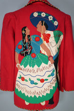 Load image into Gallery viewer, 50s RED WOOL MEXICAN EMBROIDERED TOURIST JACKET WITH PUFF SLEEVE - S