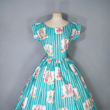 Load image into Gallery viewer, 50s GREEN NOVELTY PRINT FULL SKIRTED COTTON DAY DRESS - M
