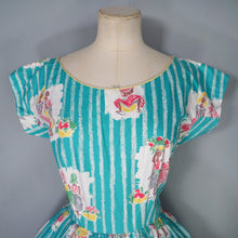 Load image into Gallery viewer, 50s GREEN NOVELTY PRINT FULL SKIRTED COTTON DAY DRESS - M