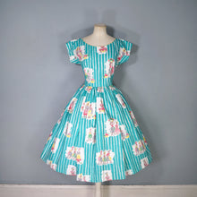 Load image into Gallery viewer, 50s GREEN NOVELTY PRINT FULL SKIRTED COTTON DAY DRESS - M