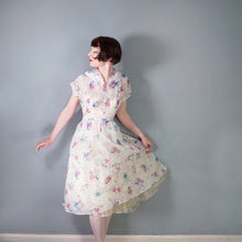 Load image into Gallery viewer, SHEER 50s NOVELTY PRINT WHITE DRESS WITH MUSICAL NOTES AND DANCERS - S-M