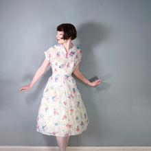 Load image into Gallery viewer, SHEER 50s NOVELTY PRINT WHITE DRESS WITH MUSICAL NOTES AND DANCERS - S-M