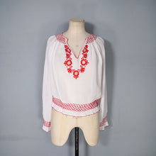 Load image into Gallery viewer, 70s SHEER WHITE AND RED EMBROIDERED HUNGARIAN FOLK BLOUSE - M