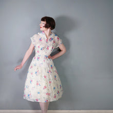 Load image into Gallery viewer, SHEER 50s NOVELTY PRINT WHITE DRESS WITH MUSICAL NOTES AND DANCERS - S-M