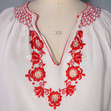 Load image into Gallery viewer, 70s SHEER WHITE AND RED EMBROIDERED HUNGARIAN FOLK BLOUSE - M