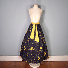 Load image into Gallery viewer, 70s BLACK AND YELLOW CELESTIAL STAR PRINT MAXI COTTON SKIRT - 34"