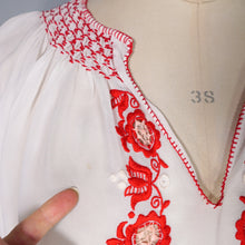 Load image into Gallery viewer, 70s SHEER WHITE AND RED EMBROIDERED HUNGARIAN FOLK BLOUSE - M