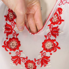 Load image into Gallery viewer, 70s SHEER WHITE AND RED EMBROIDERED HUNGARIAN FOLK BLOUSE - M