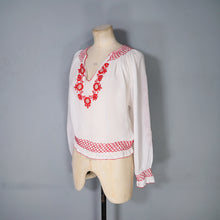Load image into Gallery viewer, 70s SHEER WHITE AND RED EMBROIDERED HUNGARIAN FOLK BLOUSE - M