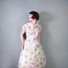 Load image into Gallery viewer, SHEER 50s NOVELTY PRINT WHITE DRESS WITH MUSICAL NOTES AND DANCERS - S-M