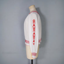 Load image into Gallery viewer, 70s SHEER WHITE AND RED EMBROIDERED HUNGARIAN FOLK BLOUSE - M